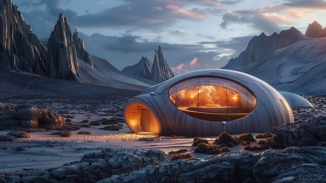 Futuristic home with large window in a rocky landscape with mountain peaks view