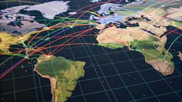 A detailed map showing global connections with colorful lines indicating travel routes across continents and oceans. - Powered by Adobe