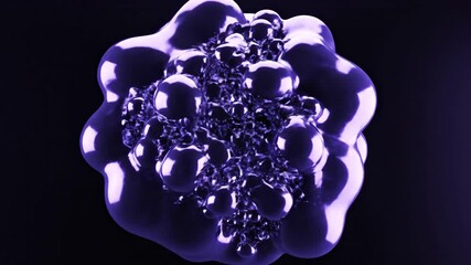Abstract 3D animation of separate, glowing indigo liquid-metal blobs merging seamlessly into one larger, luminous structure.