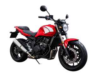 A red and white motorcycle with a black engine and wheels, isolated on a transparent background, showcasing details