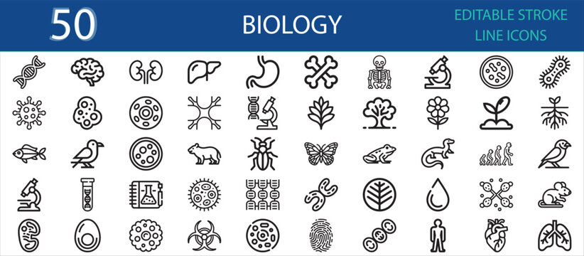 Editable line icon pack of biology and life science elements. Includes DNA, cells, brain, plants, animals, microscope, bacteria, human organs, evolution, and research lab tools.
