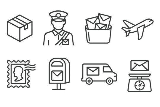 Post Office Icons. Line style icons of Post Office: Package, Postal Worker, Sorting Bin, Air Mail, Stamp, Mailbox, Delivery Van,