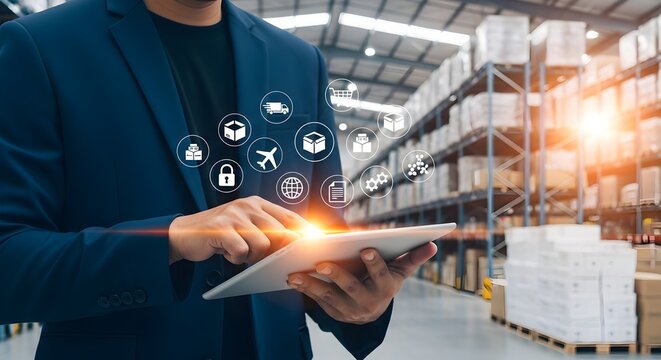 Man in a suit using a tablet in a warehouse with digital icons representing logistics, shipping, and security above the device.