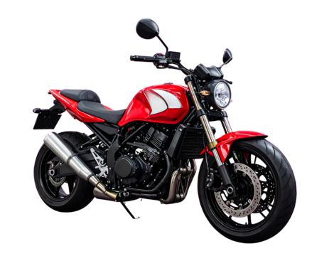 A red and white motorcycle with a black engine and wheels, isolated on a transparent background, showcasing details