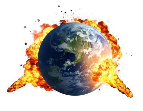 A planet surrounded by fiery explosion. The globe is realistically depicted within the bright, fiery chaos
