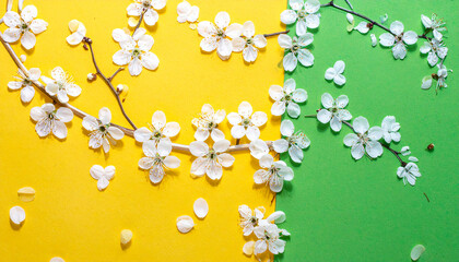 Creative springtime layout, spring white blossom branches on punchy yellow. Floral. Flat lay.
1