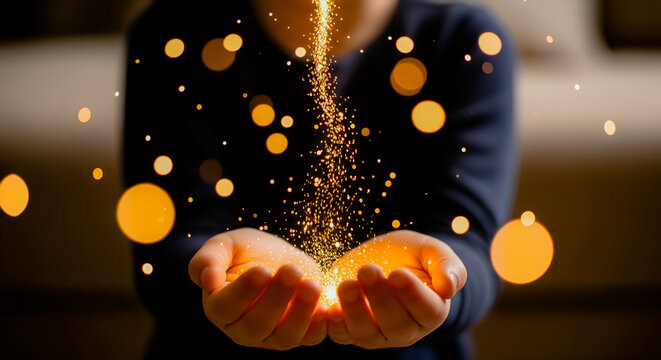 Close up elderly hands pouring glittering laughter sparks into tiny child hands symbol joy playfulness connection affection