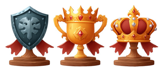 Colorful trophies and shields representing achievement and victory, set against a neutral background
