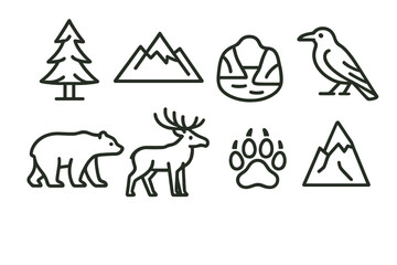 Obraz premium Northern Nature Icons. Line style icons of Northern nature: pine tree, mountain, fjord, raven, bear, elk, wolf paw, icy peak, No