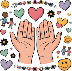 Kindness and Care Doodle Illustration  Helping Hands, Hearts, and Smiley Faces