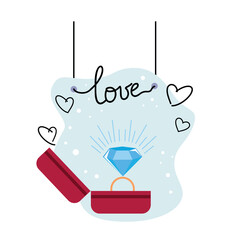 lue gemstone ring with a red box, surrounded by hearts and the word "love" in a cursive font. Perfect for romantic or wedding-themed designs