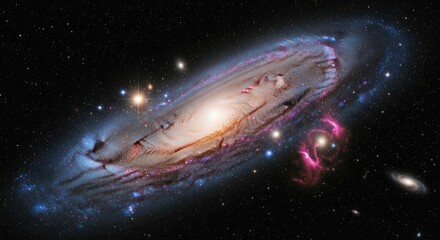 A spiral galaxy with a central bulge and arms of stars and gas clouds, surrounded by a blue and purple nebula and a distant galaxy.