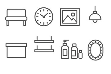 Fototapeta premium Shop Interior Icons. Line style icons of Shop interior: waiting bench, clock, framed picture, lamp, counter, shelves, product