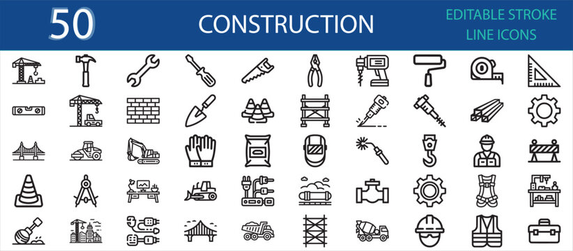 Editable line icon collection of construction and engineering elements. Includes cranes, workers, drills, helmets, bridges, pipes, blueprints, and industrial safety equipment.