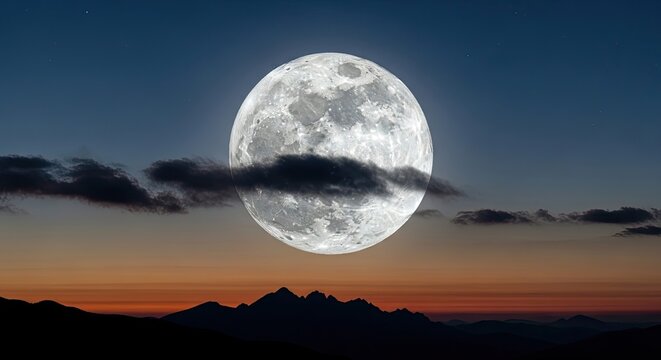 A full moon rising over a mountain range at sunset.
