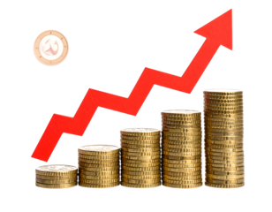 A red arrow pointing upwards overlays five stacks of golden coins representing financial growth. A lone coin sits at the left