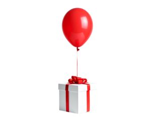 A red balloon is tied to a gift box with a red ribbon, floating against a black background