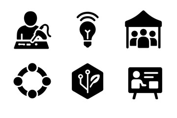 Community Maker Icons. Solid style icons of community maker events: soldering table icon, idea bulb with signal, project fair tent