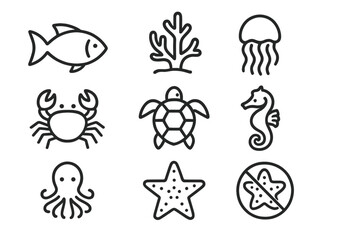 Underwater Life Icons. Line style icons of Underwater life: fish, coral, jellyfish, crab, turtle, seahorse, octopus, starfish, No