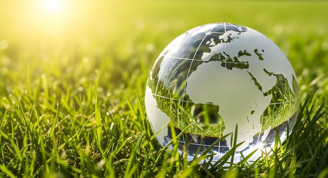 A glass globe rests on vibrant green grass, bathed in bright sunlight, symbolizing environmental awareness and global sustainability.