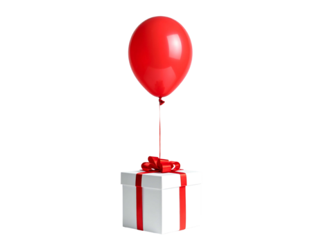 A red balloon is tied to a gift box with a red ribbon, floating against a black background - Powered by Adobe