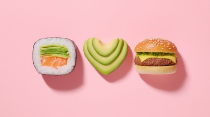 A colorful arrangement of delightful foods forms a heart shape. It showcases sushi with fresh vegetables, creamy avocado, and a juicy burger, all against a soft pink backdrop