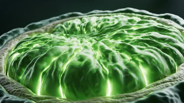 Cinematic 3D journey over glowing mitochondrial cristae that light up with emerald energy after a 'fusion' event.