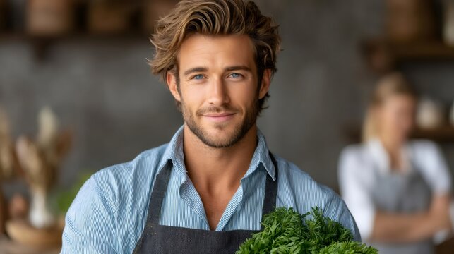 Greengrocer man holding fresh vegetables smiling in grocery store - Powered by Adobe
