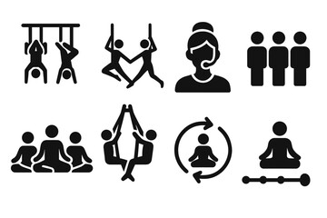 Gravity Yoga Icons. Solid style icons of gravity yoga classes: group hanging pose icon, synchronized aerial flow, instructor with