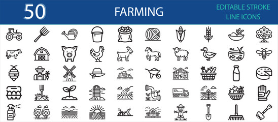 Editable stroke icon set of agriculture and farming elements. Includes tractor, barn, animals, crops, greenhouse, farmer, tools, food baskets, and irrigation for organic production. © Fifty Icons