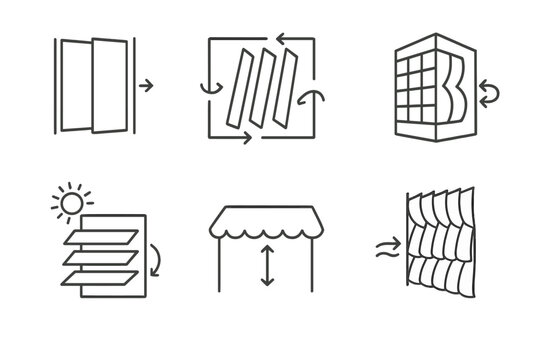 Kinetic Architecture Icons. Line style icons of kinetic architecture: moving wall panels, rotating shading elements, kinetic