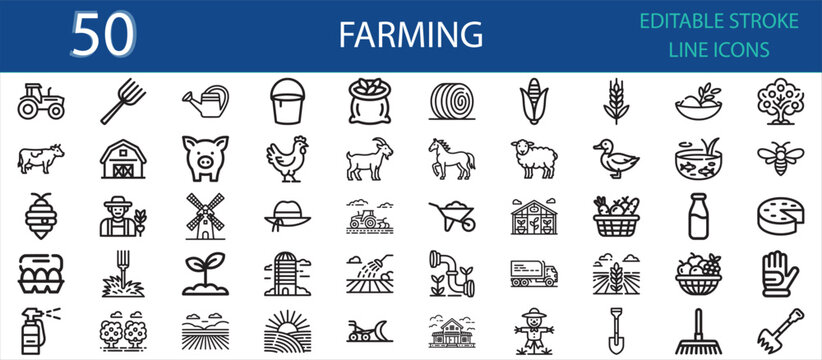 Editable stroke icon set of agriculture and farming elements. Includes tractor, barn, animals, crops, greenhouse, farmer, tools, food baskets, and irrigation for organic production.