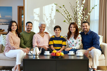 Diverse family group sitting together on sofa smiling at camera, including senior Black woman, Caucasian boy, young adult Caucasian and Black men and women, coffee table with fruit and cups visible
