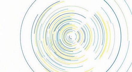 Abstract pattern of concentric and spiraling lines in blue, yellow, and green on a white background, creating a dynamic visual.