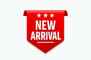 Vibrant red banner with white text announcing new arrival and three stars perfect for retail and marketing promotions