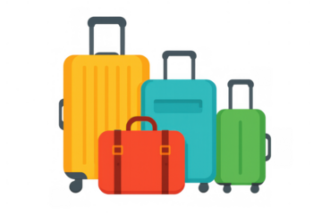 Group of vibrant travel bags and suitcases with wheels and handles, representing global tourism, holidays, and airport baggage