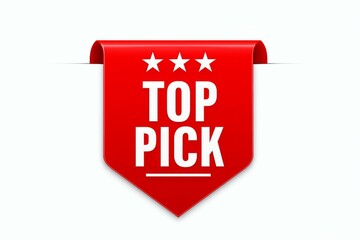 Red ribbon banner with three stars and the text top pick indicating excellence and best choice