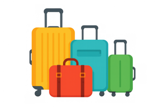 Group of vibrant travel bags and suitcases with wheels and handles, representing global tourism, holidays, and airport baggage