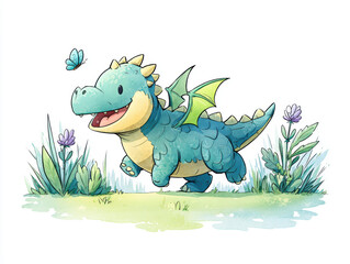 Obraz premium Create friendly baby dragon with playful grin, running joyfully in vibrant garden filled with flowers and butterflies