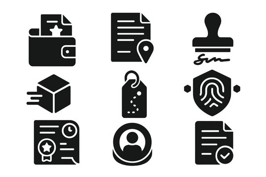 Digital Provenance Icons. Solid style icons of ownership and provenance: wallet with performance file, traceable act icon,