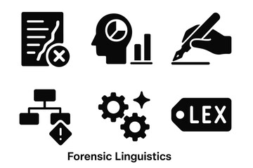 Forensic Linguistics Icons. Line style icons of Forensic Linguistics: disputed text icon, authorship analysis chart, writing style