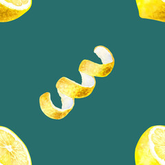 Hand drawn watercolor seamless pattern of a lemon cut in half and peel isolated on a green background.