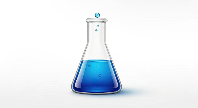 A blue liquid in a conical flask with a white background.