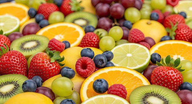 A vibrant assortment of fresh fruits and berries, including oranges, kiwi, strawberries, raspberries, blueberries, and grapes, arranged on a yellow background.