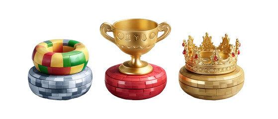 Colorful trophy and awards displayed on podiums, highlighting achievement and competition