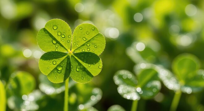 A vibrant green four-leaf clover with water droplets on its leaves, set against a blurred green background.