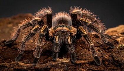 A close-up, frontal view of a hairy tarantula perched on a textured, brown surface with a dark background. The spider's legs are striped