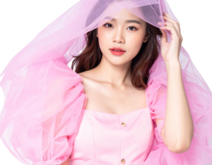 A portrait features a young woman with a delicate pink veil, her gaze direct. She wears a pink dress and holds the veil