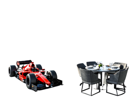 A red racing car and a modern outdoor dining set are isolated against a stark, black background