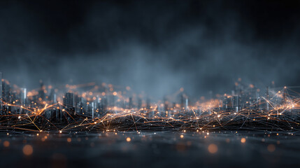 A Futuristic Cityscape with Interconnected Glowing Lines, Illustrating Technological Advancement and Connectivity. The city is shrouded in a soft haze, giving it an ethereal and mysterious aura.